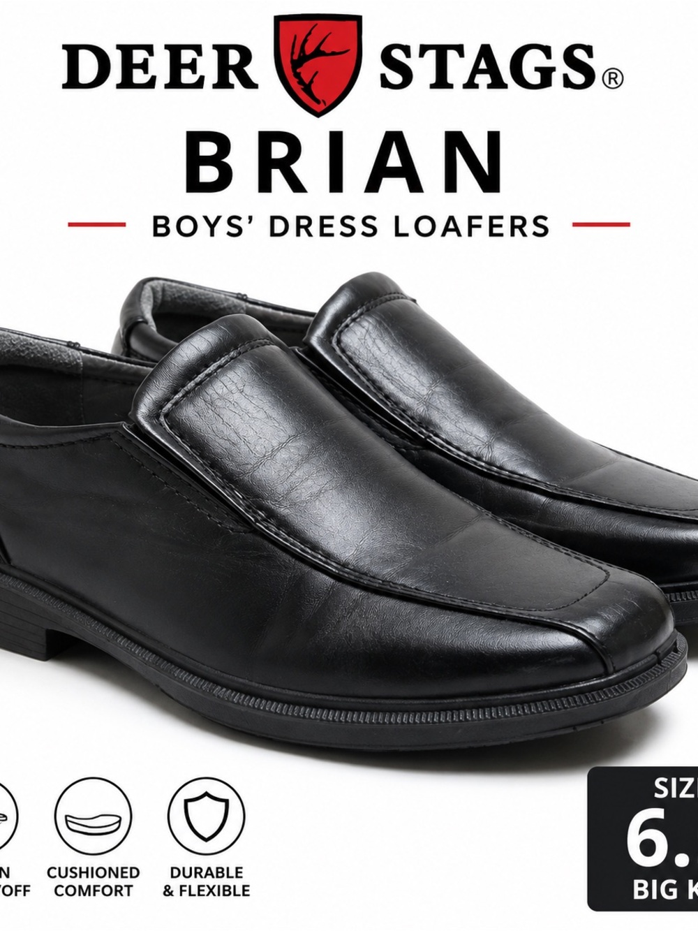 Deer Stags Black Leather Dress Loafers Square Toe Slip-On Boys - Size 6.5 Big Ki